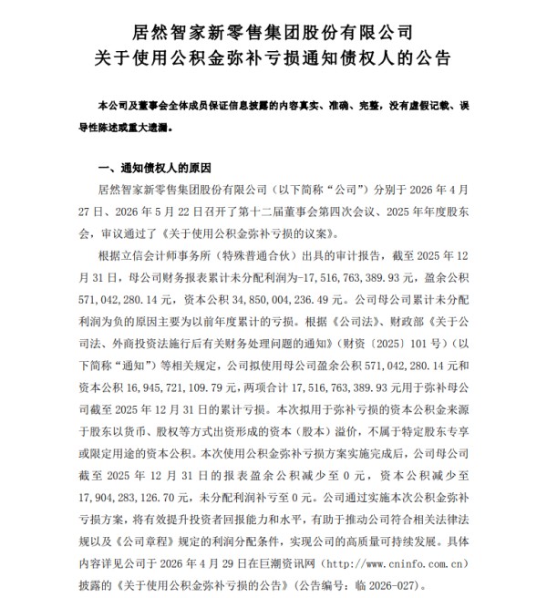 居然之家拟使用175.17亿元公积金弥补母公司累计亏损