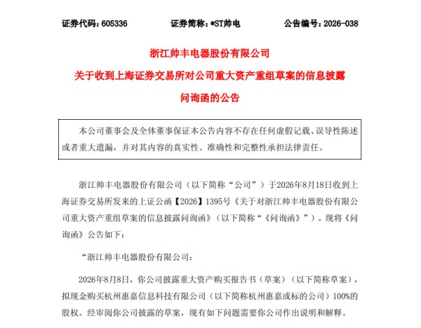 帅丰电器收到上交所重组问询函,跨界收购电力标的多项核心问题被关注